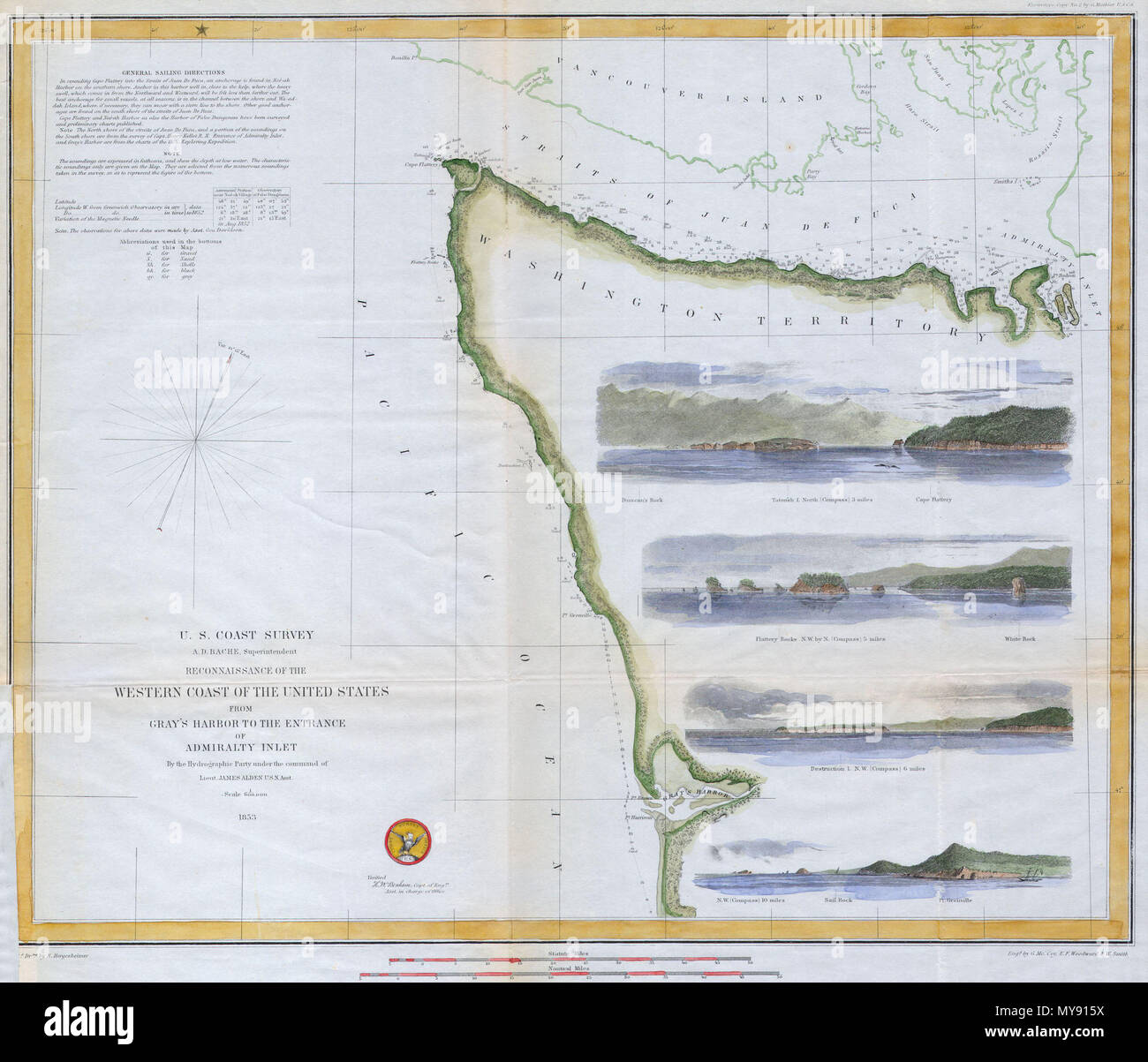 . Aufklärung von der Westküste der Vereinigten Staaten von Grey's Hafen bis zum Eingang des Admiralty Inlet. Englisch: Angeboten wird ein US-Küstenwache Karte des nordwestlichen Teil von Washington State und in der Tat, der nordwestlichen Punkt der Vereinigten Staaten. Erstreckt sich von Vancouver Island im Norden, durch die Straße von Juan de Fuca, Süden so weit wie Grey's Hafen. Verfügt über vier attraktive Rippenbögen views: Sail Rock, Zerstörung Insel, glatten Felsen und Tatoosh Island. Zahlreiche nautische Hinweise und Tiefenangaben dominieren die linke Seite der Karte. Heute ist dieser Regionen ist Teil Stockfoto