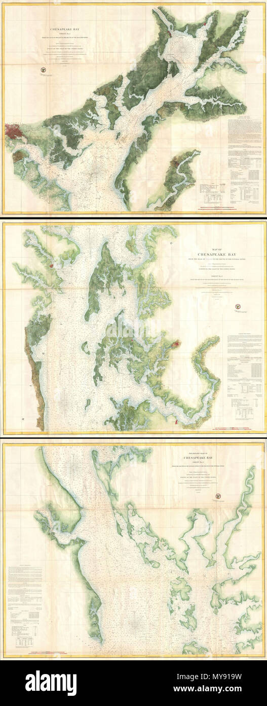 . Chesapeake Bay Blatt Nr. 1 vom Leiter der Bay auf den Monat, der magothy River. - Chesapeake Bay vom Kopf auf die Bucht an der Mündung des Potomac River. Blatt Nr. 2 von der Mündung des Magothy River an der Mündung des Hudson River. - Vorläufige Diagramm der Chesapeake Bay Blatt Nr. 3 von der Mündung des Hudson River an der Mündung des Potomac River. Englisch: Dies ist eine monumentale und selten verfügbar drei Teil 1857 nautische Karte oder maritime Karte der Chesapeake Bay. Für die Ausgabe 1857 des Berichts der US-Küstenwache Betriebsleiter bereit, diese riesigen Karte deckt von t Stockfoto