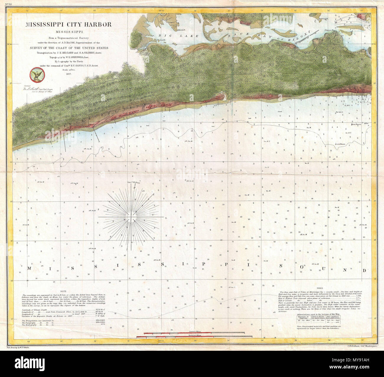 . Mississippi Hafen der Stadt, Mississippi. Englisch: Eine attraktive Hand farbigen US-Küstenwache Meer 1857 Chart oder Karte, Mississippi Hafen der Stadt, Mississippi. Zeigt den Mississippi Mississippi Coast zwischen Stadt und Biloxi, Mississippi. Binnenland sind ausführlich dargestellt, bis hin zu einzelnen Gebäuden. Zusätzlich zu den Details dieses Diagramm enthält eine Fülle von praktischen Informationen für das Mariner aus ozeanischen Tiefen, an Häfen und Navigation Tipps auf wichtige Kanäle. Die hand Farbe Arbeiten auf dieser schönen Karte ist außergewöhnlich gut getan. Die triangulierung Für diese Stockfoto