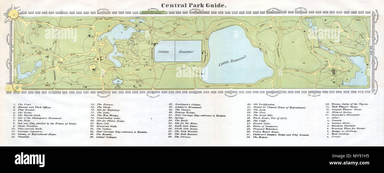 . Central Park. Englisch: eine seltene Handcolorierte Karte von New Yorks Central Park vorbereitet und für die Aufnahme in die Ausgabe 1869 des Handbuchs der Gesellschaft der Stadt New York gedruckt. Zeigt den Park als Ganzes und umfasst Wege, Seen, Gebäude, einzelne Bäume, Felsen und Höhe Messungen. Die Straßen in der Umgebung des Park sind, ebenso die verschiedenen Sehenswürdigkeiten des Central Park - Knoll, der Ramble, der Mall, und 55 andere beschriftet. Diese außergewöhnliche Karte zeigt, Central Park, wie durch die Landschaftsarchitekten konzipiert, und in der Tat "Künstler", Vaux und Olmste Stockfoto