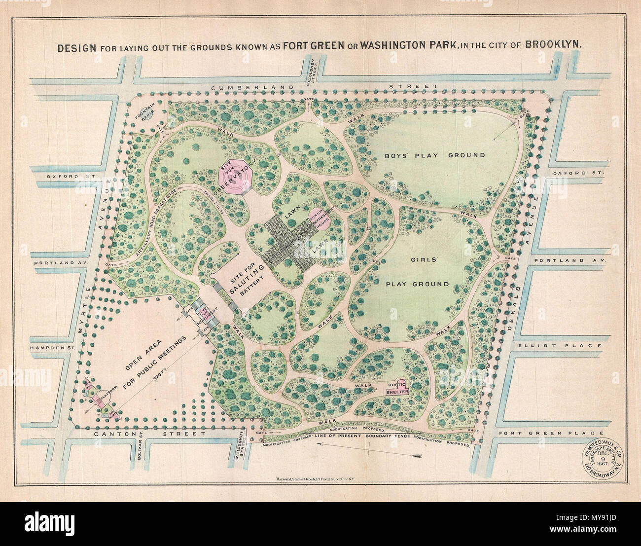 . Design für die Verlegung aus Gründen wie Fort Green oder Washington Park bekannt, in der Stadt von Brooklyn. Englisch: eine seltene 1868 Beispiel Vaux & Olmstead's Karte von Washington Park oder, wie es jetzt ist bekannt, Fort Greene Park, Brooklyn. Fort Greene Park gilt als der erste in Brooklyn Park zu sein. Zeigt den Park als Ganzes und umfasst Wege, Seen, Gebäude, einzelne Bäume, Felsen und Höhe Messungen. Die Straßen in der Umgebung des Park sind ebenfalls vermerkt. Das Layout von Fort Greene Park hier angezeigt wird, spiegelt Vaux und Olmstead 1864 Redesign. Wie Ihre berühmtesten Werke, Central Pa Stockfoto