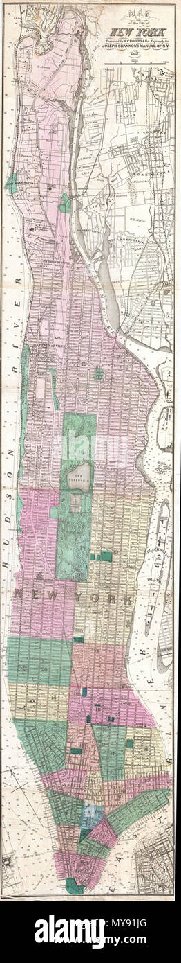 . Karte der Stadt New York. Englisch: Eine ungewöhnliche und sehr selten 1868 Karte von New York City von W. C. Rogers. Karte deckt das Ganze von der Insel Manhattan mit irgendeinem Detail in Teilen von Queens und der Bronx. Diese ungewöhnliche Karte bieten aussergewöhnliche Detail mit Namen der wichtigsten Großgrundbesitzer, die in der ganzen Stadt aufgeführt. Bietet außerdem Tiefenangaben in den Hudson und East River. In der Bronx und die Splitter von Queens dargestellt, können wir die Anfänge der Long Island Railroad und Metro North sehen. Zeigt den Central Park im Detail die voll Herrlichkeit des Olmstead plan in einer ungewöhnlichen Eausführung Stockfoto
