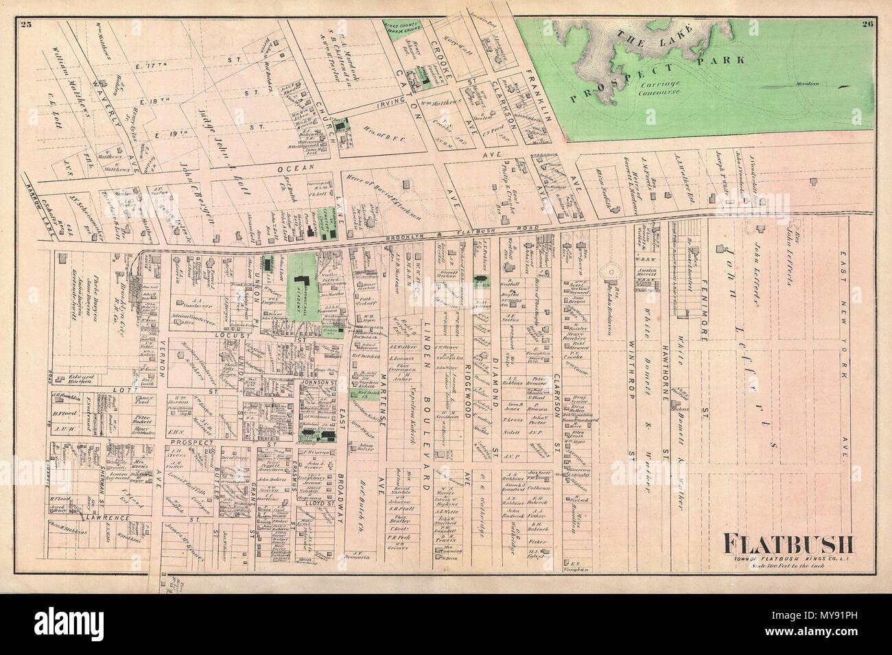 . Flatbush Stadt Flatbush Könige Co L.I. Englisch: ein knappes Beispiel von Friedrich W. Beers Karte der Flatbush, Brooklyn, New York. Im Jahr 1873 veröffentlicht. Nach Westen ausgerichtet. Grob vom modernen Regent Place gegen Mitternacht so weit wie der südöstlichen Ecke der Prospect Park. Nach Osten erstreckt sich etwa nach Bedford Avenue. Detaillierte auf die Ebene einzelner Gebäude und Liegenschaften mit Land-halter festgestellt. Dies ist wahrscheinlich der beste Atlas Karte von Flatbush, Brooklyn, im 19. Jahrhundert zu erscheinen. Von Bieren, Comstock & Cline aus ihrem Büro an 36 Vesey Street, New York City bereit, für Stockfoto