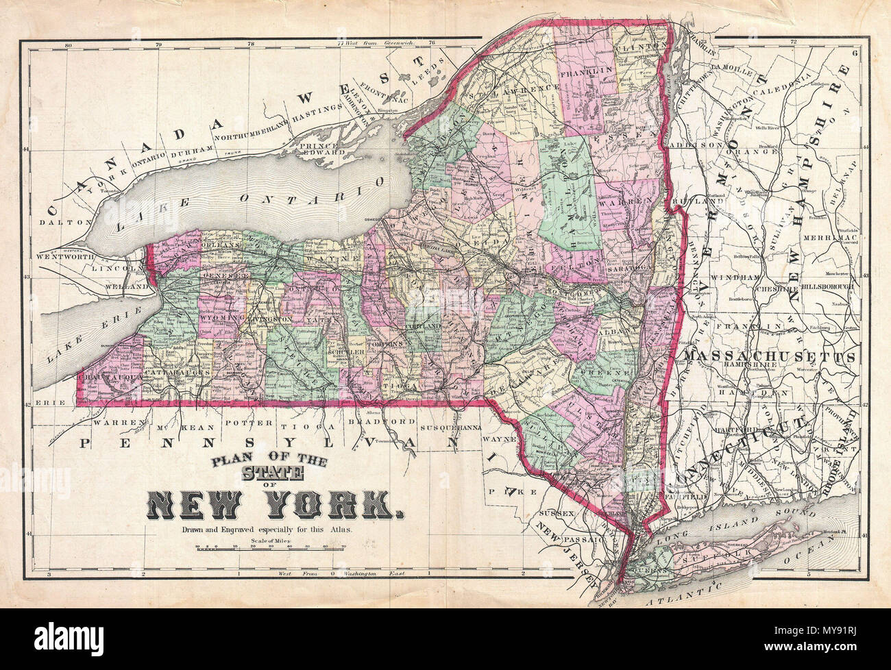 . Plan des Staates New York. Englisch: ein knappes Beispiel von Friedrich W. Beers Karte des Staates New York. Zustand ist aufgeschlüsselt nach Landkreisen nach Farbe dargestellt. Enthält Teile von Massachusetts, Connecticut, Vermont, New Hampshire und Maine, sowie den Lake Ontario, Lake Erie. Von Bieren, Comstock & Cline aus ihrem Büro an 36 Vesey Street, New York City, vorbereitet für die Aufnahme in die Erste veröffentlichte Atlas von Long Island, die 1873 Ausgabe des Atlas von Long Island, New York. . 1873 (undatiert) 8 1873 Bier Karte von New York State-Geographicus-NewYork - Bier-1873 Stockfoto