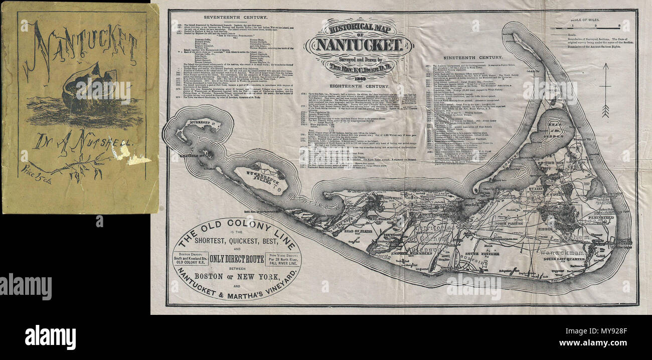 . Historische Karte von Nantucket. Englisch: Das attraktive Karte ist eine reduzierte Version von Reverend C. Ewers wichtige Karte von Nantucket. Diese Variante wurde von der alten Kolonie rail line in verschiedenen Formaten von ca. 1869 bis 1889 ausgestellt. Abdeckungen der Insel Nantucket in herausragender Detailtiefe Fokus auf Transport und Gemeinschaften. Wirbt für die "Alte Kolonie" als die "kürzeste, schnellste, beste, und nur die Direkte Route zwischen Boston oder New York und Nantucket & Martha's Vineyard." Auch Hinweise Native American Ansprüche auf die Insel. Verfügt über drei Spalten mit Text die Geschichte von Nantucket aus Stockfoto