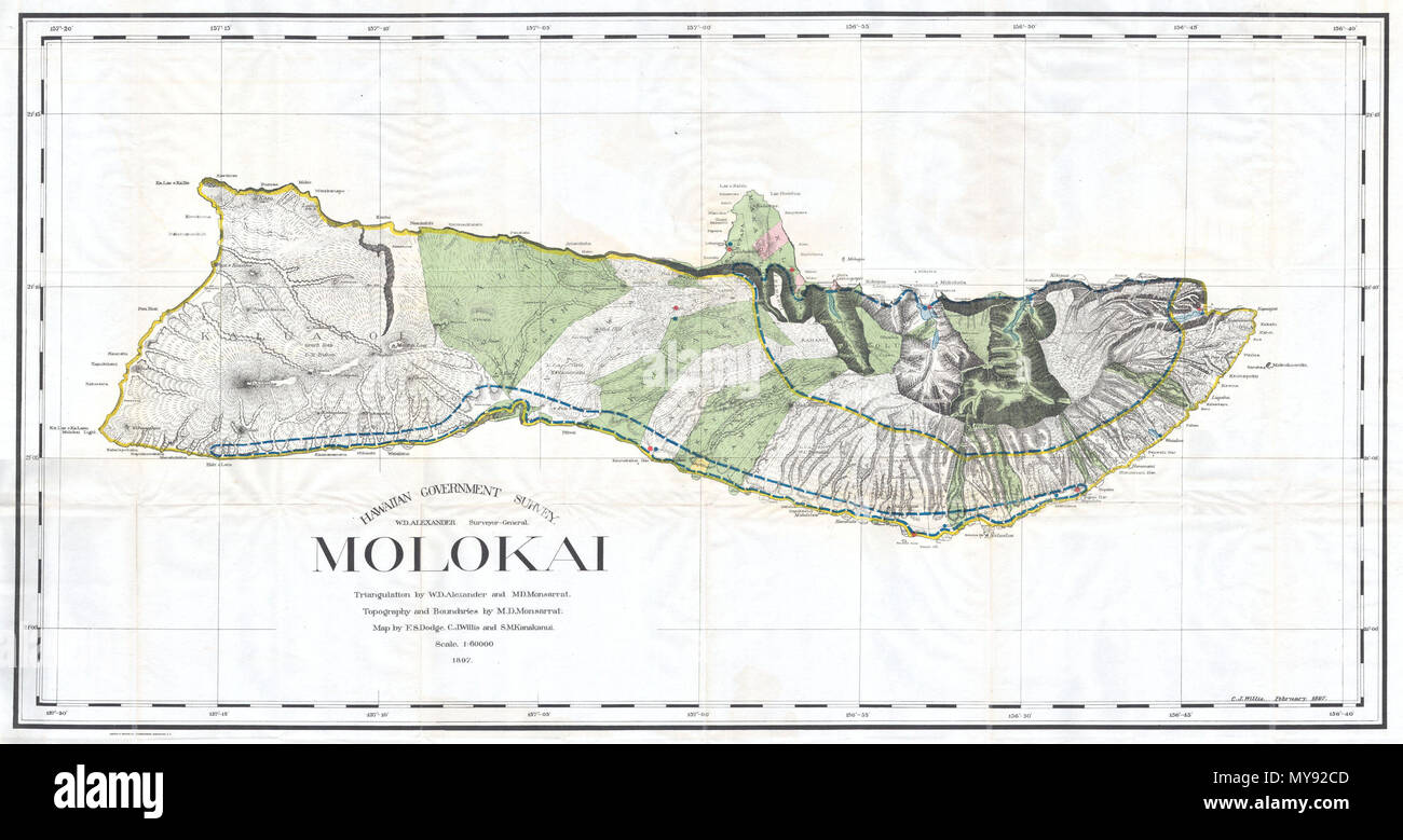 . Hawaiische Regierung Übersicht. Molokai. Englisch: Diese seltene und außergewöhnliche 1897 Karte der Insel Molokai, in der hawaiianischen Gruppe, wurde für das Jahr 1906 Bericht des Gouverneurs des Gebietes von Hawaii zu den Staatssekretär des Innern vorbereitet. Obwohl die kartographische Arbeiten, dass diese Karte hergestellt wurde 1878 begonnen, während der hawaiischen Monarchie, die Karte selbst, und der Bericht, den es enthielt, wurde erteilt, der Annexion der US-Regierung 1898 der hawaiischen Republik. Der Bericht war ein Versuch zu bewerten und die neu geschaffenen Möglichkeiten der hawaiischen Gebiet prüfen, für die ordnungsgemäße Administr Stockfoto