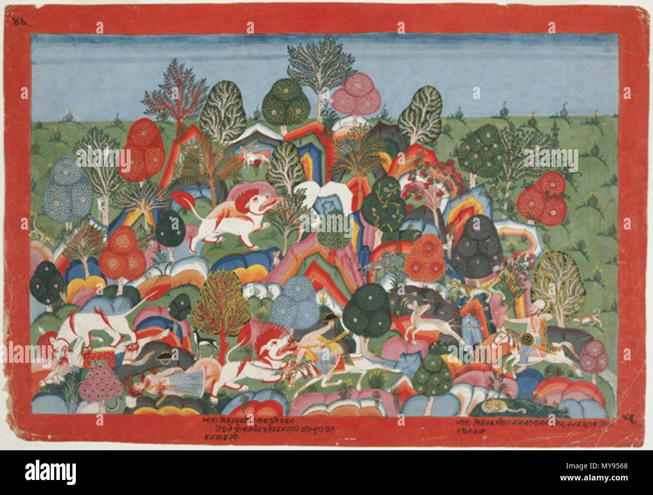 . Englisch: Indische und Himalayan Kunst ein Löwe tötet Prasenajit im Dschungel von einer verteilten Serie Der Syanmantaka Juwel Geschichte aus dem Bhagavata Purana Made in Nepal Anfang Shah Dynastie (1769 - heute), C. 1775 Artist/Teekocher unbekannt, Nepalesische opak Aquarell auf Papier 19 x 25, 1/4 Zoll (48,3 x 64,1 cm) derzeit nicht auf Anzeigen 1994-148-613 Stella Kramrisch Sammlung, 1994. ca. 1775. In Nepal 18 ein Löwe tötet Prasenajit im Dschungel gemacht Stockfoto