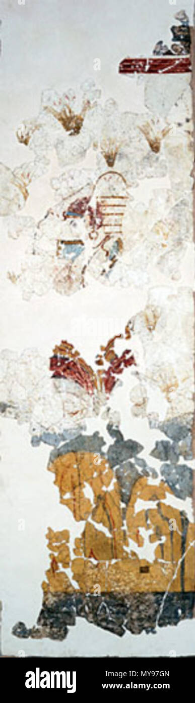 Englisch: Bronzezeit Fresko von einer Frau, die einen Eimer mit Safran.  Gefunden in Akrotiri auf der griechischen Insel Santorini, Gebäude Xeste 3,  Raum 9, nördliche Wand. Français: Fresque d'une femme Wichtige