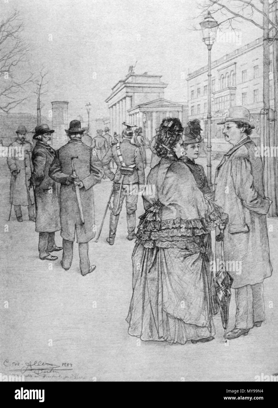 . English: Am Brandenburger Tor, Berlin. Dargestellt ist der N. Julius Stinde im Gespräch mit-Romanfiguren Frau Buchholz und deren Tochter [1]. Zeichnung von Christian Wilhelm Allers. Deutsch: "Am Brandenburger Tor' (am Brandenburger Tor), Berlin. Zeichnung, die der Schriftsteller Julius Stinde zusammen mit zwei seiner fiktiven Figuren: Frau Buchholz und ihre Tochter [1]. 1889. Christian Wilhelm Allers (1857-1915) 34 Allers Spree Berlin (Brandenburger Tor) Stockfoto