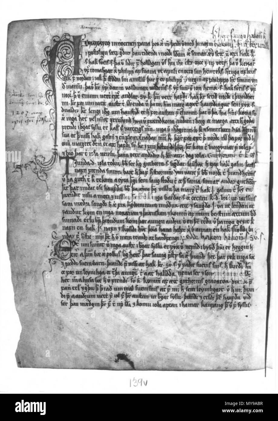 . Englisch: ein schwarz-weiß Foto von Folio 139 verso der BIN 47 fol (E)-Eirspennill. Dies ist die erste Folio von Hákonar saga Hákonarsonar innerhalb des Manuskripts. Das Manuskript stammt aus dem 14. Jahrhundert. Die Fotos des Manuskripts Datum bis 2001. Unbekannt. Die Eirspennill Manuskript kann entweder in Island oder in Norwegen hergestellt wurden. Siehe auch: [3]. 36 BIN 47 fol (E)-Eirspennill, 139 V Stockfoto