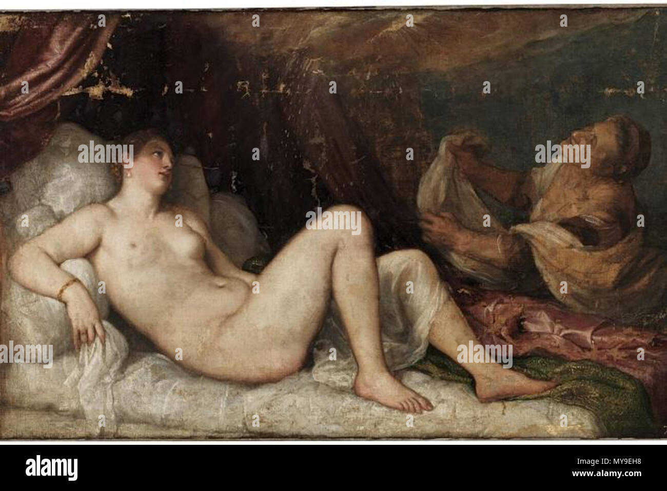 . Englisch: danaë (c.1553) von Tizian. Tizian bei Apsley House: Nach der letzten Reinigung und Konservierung, drei Gemälde - zuvor zu später Anhänger von Tizian - zugeschrieben aufgedeckt worden durch das 16. Jahrhundert venezianischer Künstler selbst und sein Studio zu sein. Die Gemälde einschließlich der Danaë wird auf Anzeige klicken Sie in der Öffentlichkeit zum ersten Mal zusammen als Teil einer kleinen Ausstellung Eröffnung im Juli 2015 bei Apsley House, London home der Herzog und seine Nachkommen. Die drei Gemälde, jetzt zu Tizian und sein Studio zugeschrieben, Tizians Mistress (c 1560), eine junge Frau mit Rose Girlanden (c Stockfoto