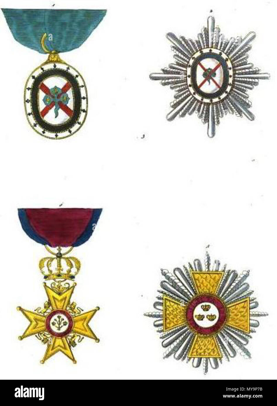 . Français: Sammlung historique des ordres de chevalerie civils et militaires... Englisch: Sammlung historischer Ritterorden zivile und militärische...: 1. Reihenfolge der Saint Patrick, Abzeichen (Vereinigtes Königreich) 2. Reihenfolge der Saint Patrick, Stern (Vereinigtes Königreich) 3. Reihenfolge der Badewanne, militärische Star I Klasse (Vereinigtes Königreich) 4. Reihenfolge der Badewanne, militärische Abzeichen ich Klasse (Vereinigtes Königreich). 1820 49 Aristide Michel Perrot - Sammlung historique des ordres de chevalerie civils et militaires (1820) pl. VIII. Stockfoto