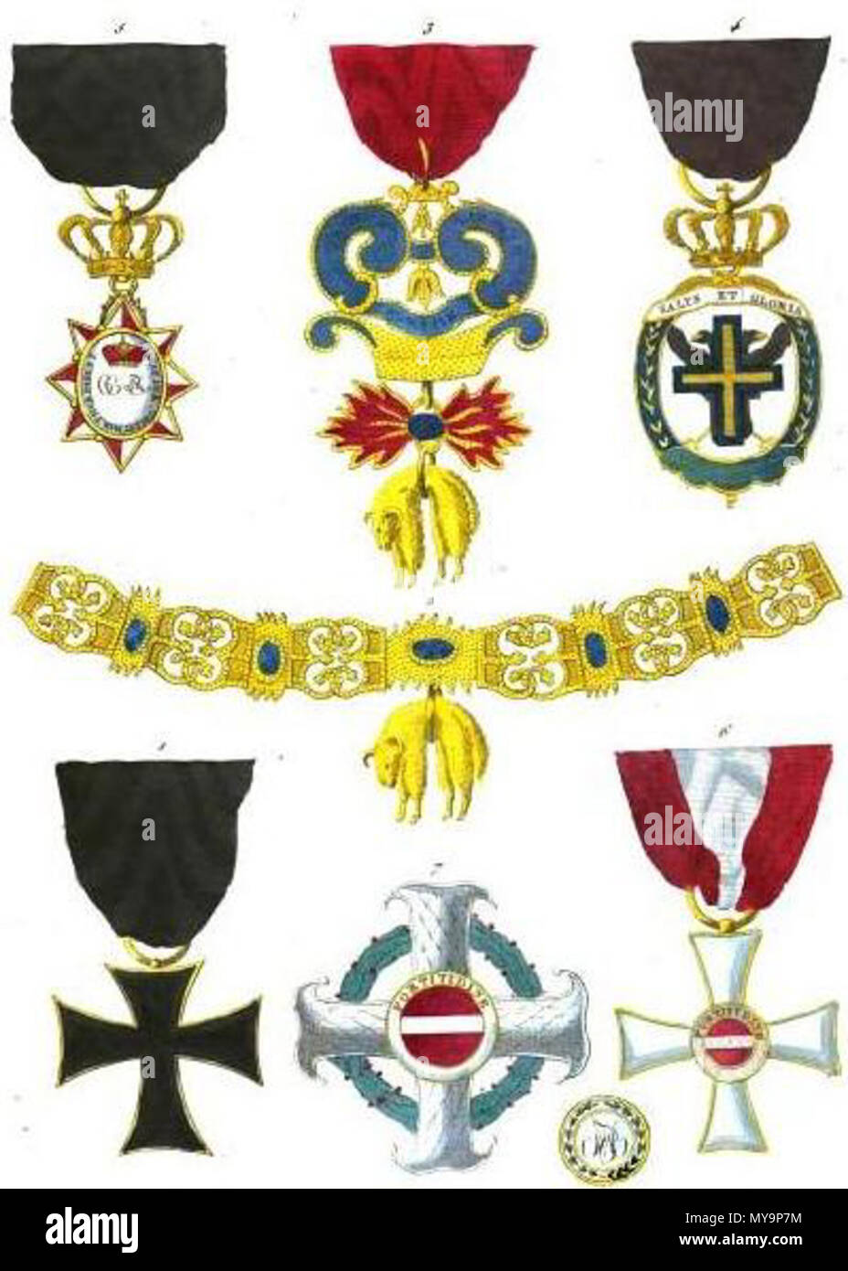 . Français: Sammlung historique des ordres de chevalerie civils et militaires... Englisch: Sammlung historischer Ritterorden zivile und militärische...: 1. Reihenfolge der Teutonic Knigts, Abzeichen (Österreich) 2. Orden vom Goldenen Vlies, Kragen (Österreich) 3. Orden vom Goldenen Vlies, Hals Abzeichen (Österreich) 4. Reihenfolge der Sternenhimmel Kreuz, Abzeichen (Österreich) 5. Bestellung von Elizabeth und Theresa, Abzeichen (Österreich) 6. Militärischer Orden von Maria Theresia, Abzeichen (Österreich) 7. Militärischer Orden von Maria Theresia, Stern (Österreich). 1820 49 Aristide Michel Perrot - Sammlung historique des ordres de chevalerie civils et mi Stockfoto