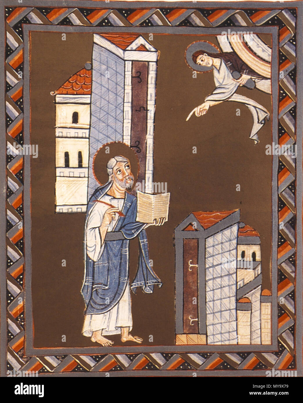 . English: Sendschreiben ein sterben Gemeinden von Ephesos und Smyrna Englisch: Johannes schreibt an die Kirchen von Ephesus, Smyrna. ca. 1000 sterben. English: Auftraggeber: Otto III. und Heinrich II. 61 BambergApocalypseFolio 004 vJohnWritesToEphesusAndSmyrna Stockfoto