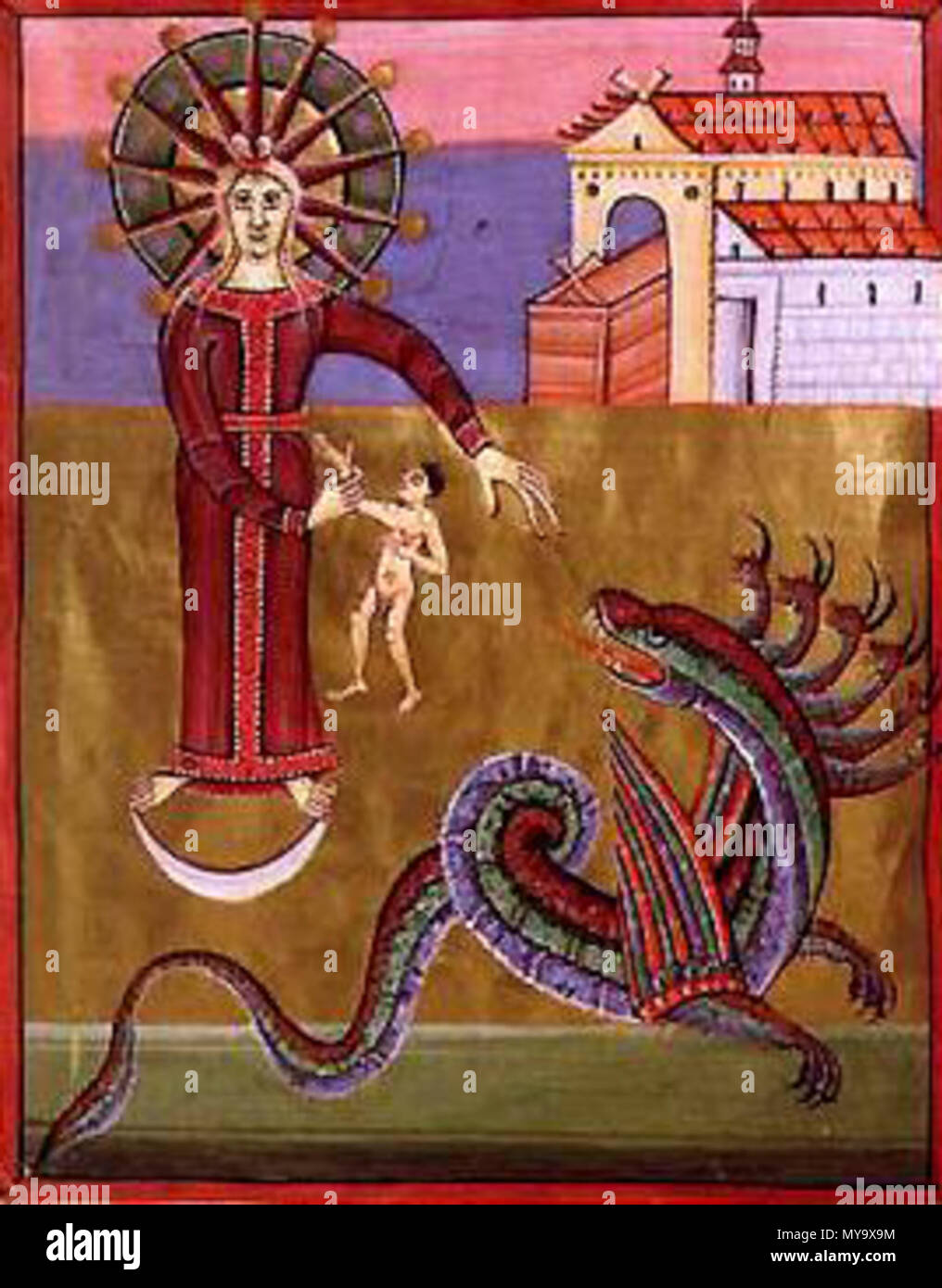 . Deutsch: Die Frau und der Drache. Der Tempel mit der Lade Englisch: Die Frau und der Drache. ca. 1000. English: Auftraggeber: Otto III. und Heinrich II. 61 Bamberger Apokalypse - Buch mit sieben Siegeln - Die Frau und der Drache Stockfoto