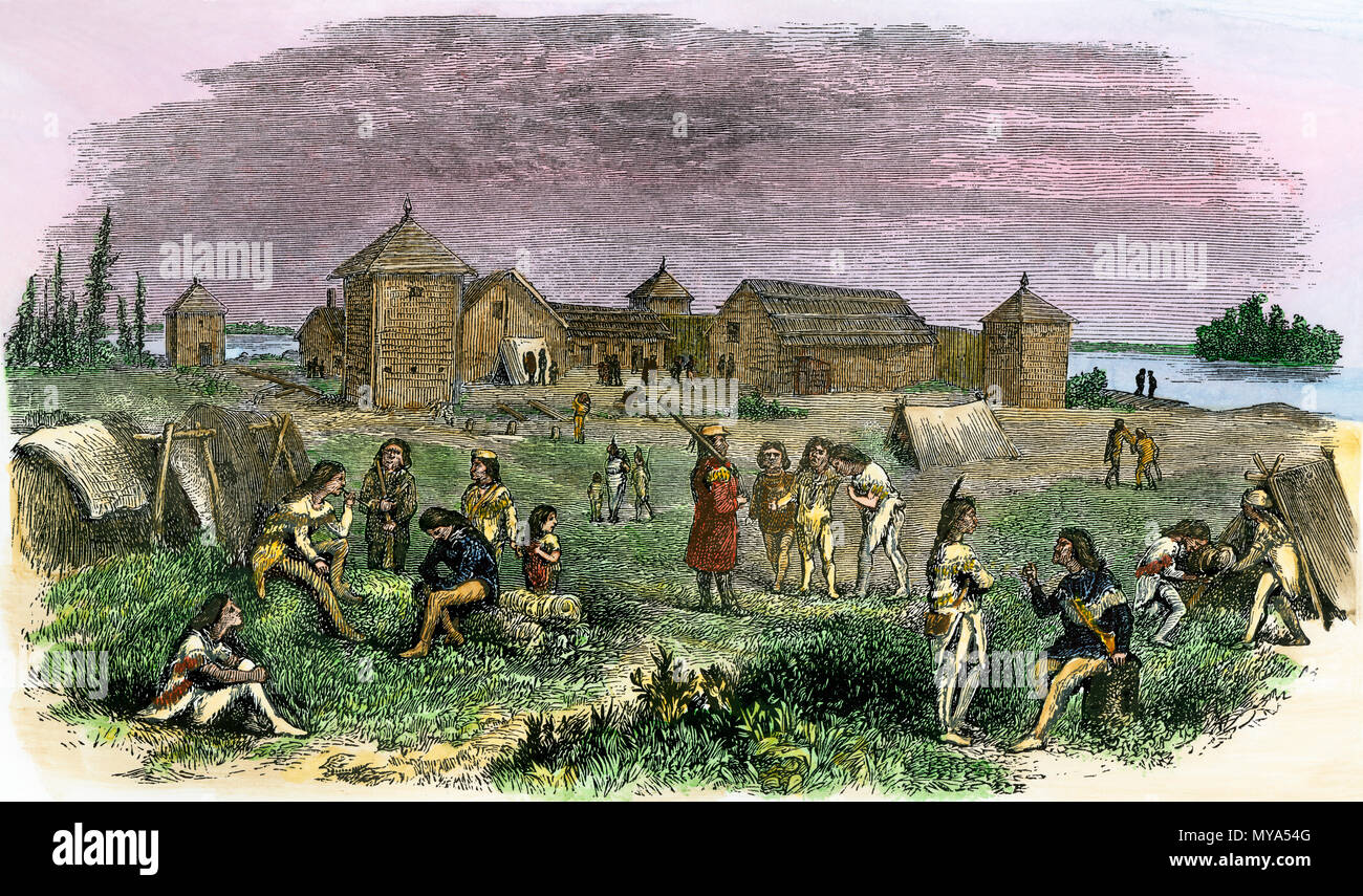 Fort Yukon, die Hudson Bay Company Trading Post in Alaska, 1800. Hand - farbige Holzschnitt Stockfoto