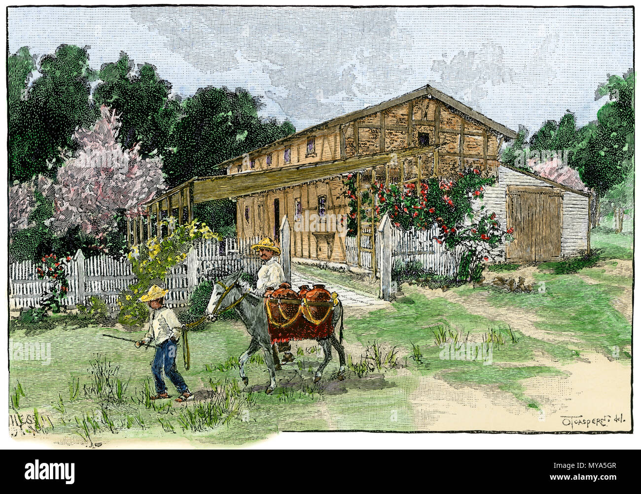 Lagerhaus der Allgemeinen Vallejo in seinem Haus in Sonoma CA, der Hölzer aus der Schweiz importiert. Hand - farbige Holzschnitt Stockfoto