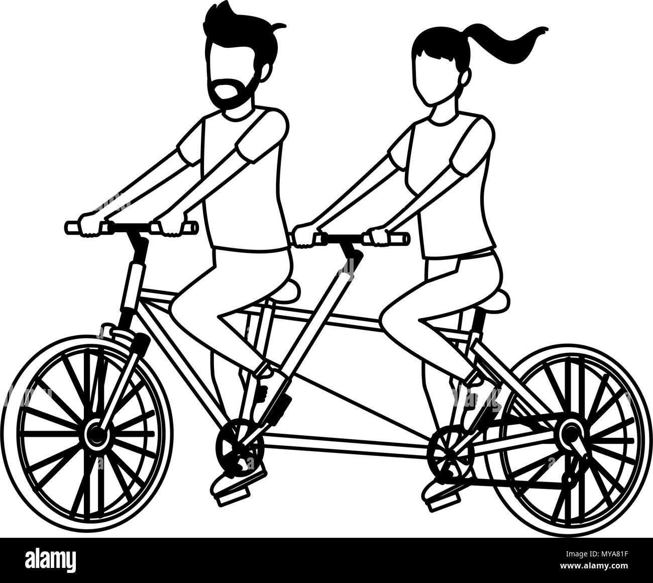 Paar Reiten in Double bike in Schwarz und Weiß Stock Vektor