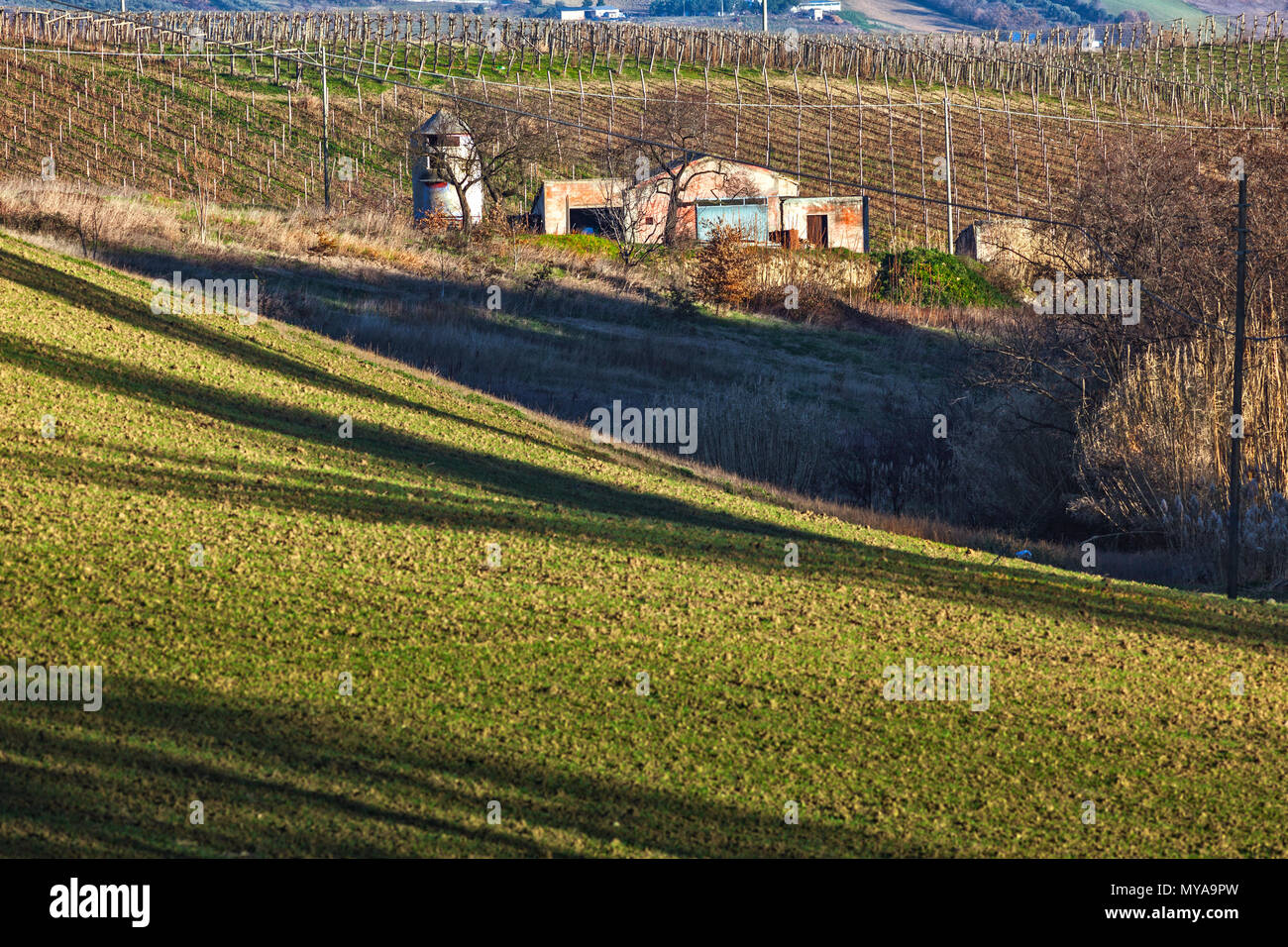 Verlassene Bauernhaus in den Hügeln der Abruzzen. Im Hintergrund die Gran Sasso Kette. Abruzzen, Italien, Europa Stockfoto