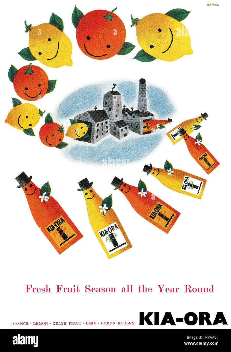 1950 britischen Werbung für kia-ora Obst Kürbisse. Stockfoto