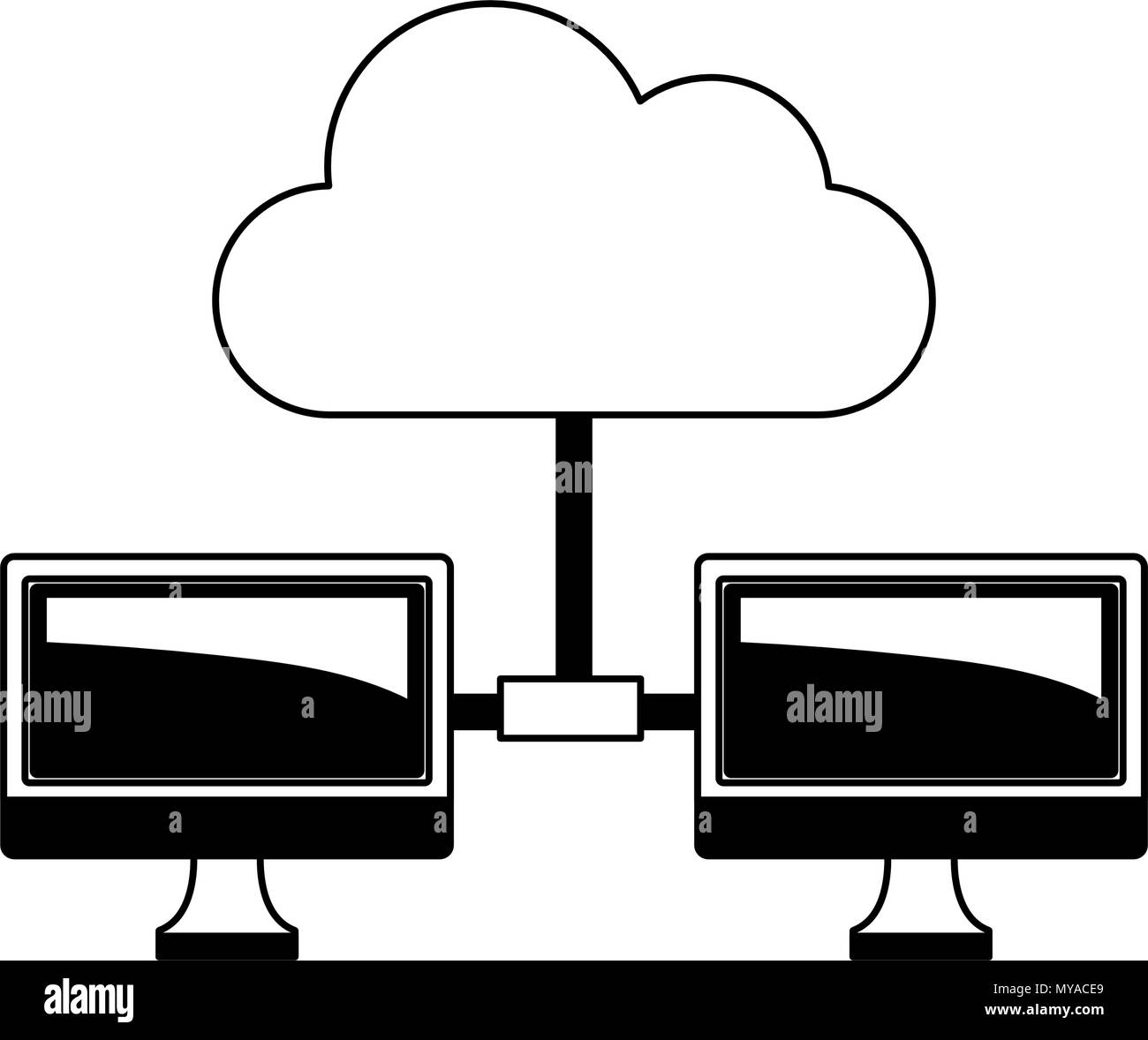 Computer, auf denen Network System in Schwarz und Weiß Stock Vektor