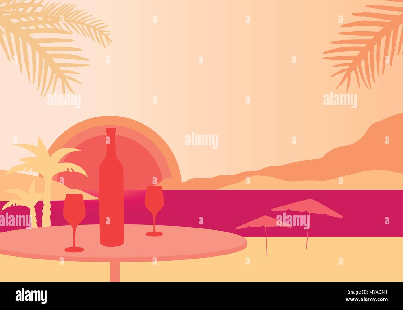 Tropischen Strand mit Sonnenschirmen, Meer mit Sonnenuntergang, Tisch mit einer Flasche Wein und zwei Gläser - Vektor Stock Vektor