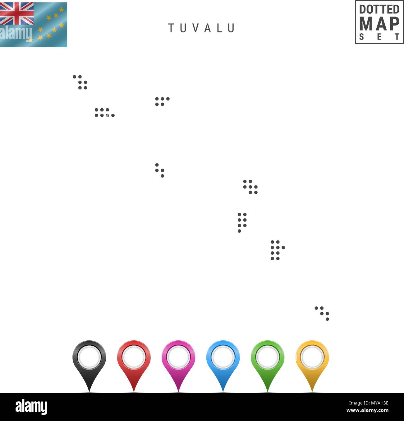 Vektor gepunktete Karte von Tuvalu. Einfache Silhouette von Tuvalu. Die Flagge von Tuvalu. Eingestellt von bunten Karte Markierungen Stock Vektor