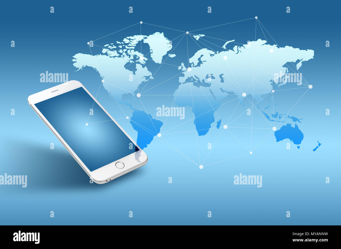 Globalisierung oder soziales netzwerk konzept Hintergrund mit der neuen Generation von Handy Stockfoto