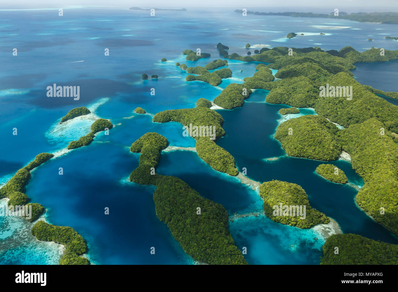 Luftaufnahme von neugierig mustern der vielfältigen Farben von Blau und Grün der Korallenriffe, Korallenatolle und Vegetation auf den Inseln Stockfoto