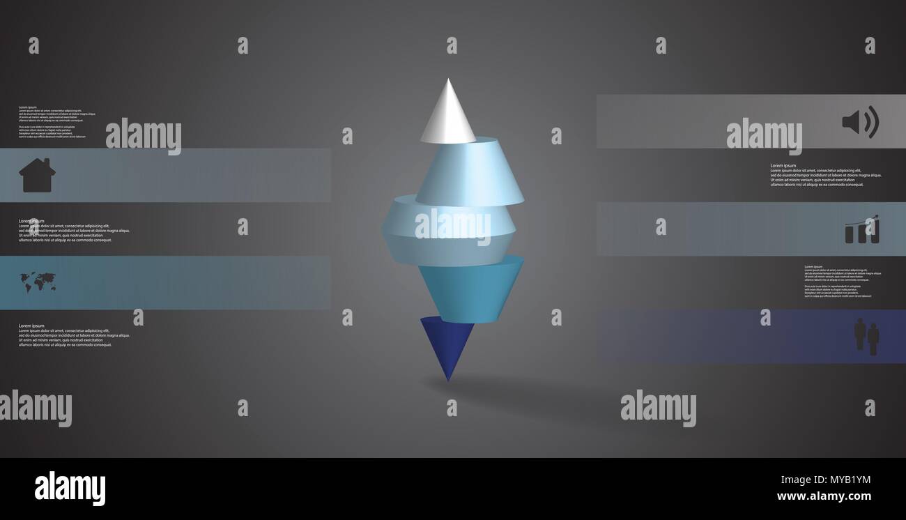 3D-Illustration Infografik Vorlage mit dem Motiv des Horizontal geschnitten Spitzer Kegel bis zu fünf Farben steht an der Spitze. Einfache Zeichen und Text ist in Farbe Stock Vektor