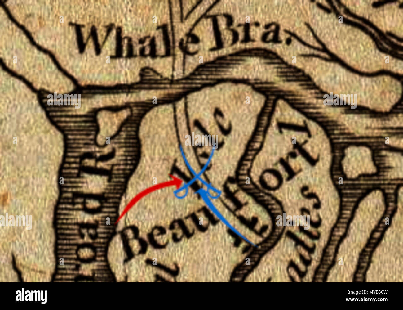 . Einen Zeitraum Map beschriftet militärischen Bewegungen, die zu den 1779 Schlacht von Beaufort, South Carolina zu zeigen. Amerikanische Bewegungen sind in Blau, Britische Bewegungen in Rot. Grundkarte: 1779; Anmerkungen: 2012. Grundkarte: Joseph Hinton; Anmerkungen: Benutzer: Magicpiano 67 BattleOfBeaufort Stockfoto