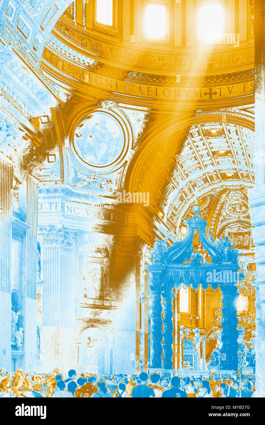 Saint Peter's Basilica, Interieur, Kirchenschiff mit Licht (Dämmerungs- oder Gott Strahlen) von Dome (in PS, duotone gerendert), Vatikan, Rom, Italien Stockfoto