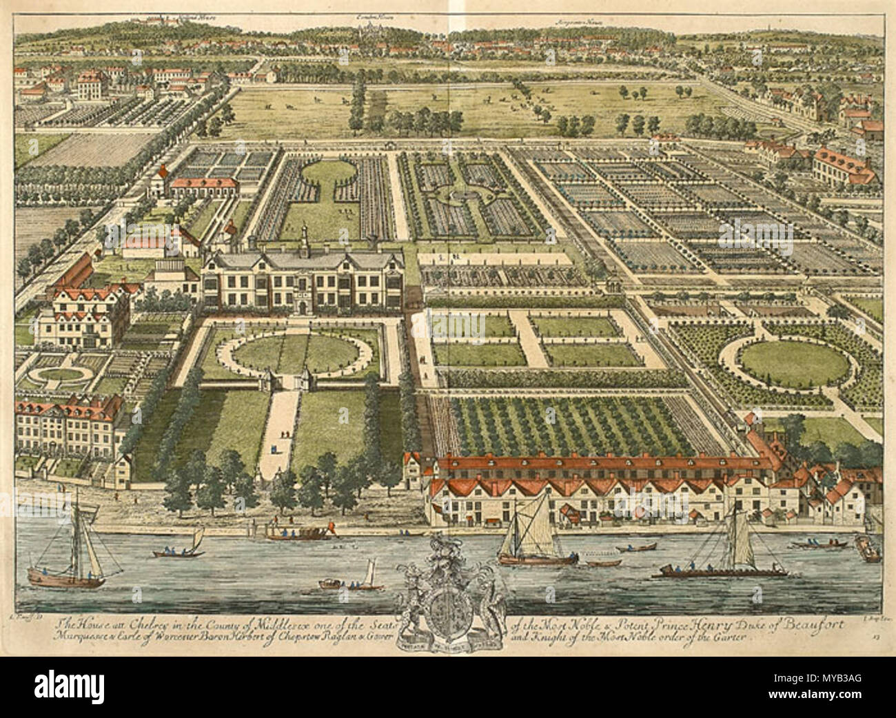 . Beaufort House in Chelsea (jetzt Teil von London) aus Britannia Illustrata. 1708 68 Beaufort House Kip 1708 Stockfoto