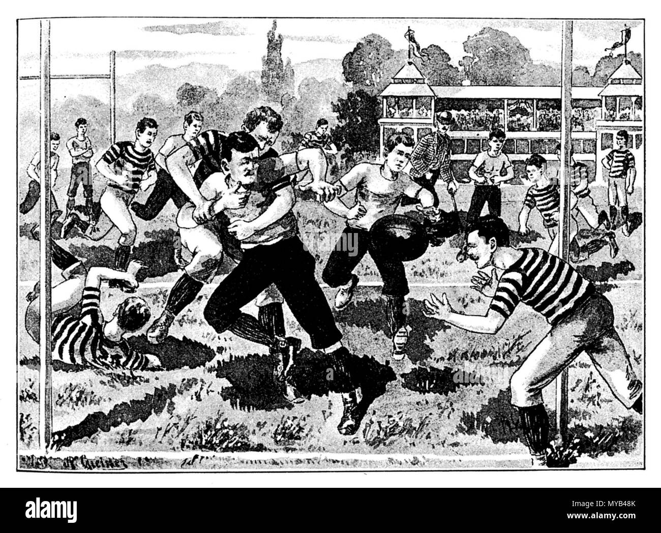 Rugby Spiel Szene, eine Greiner 1895 Stockfoto