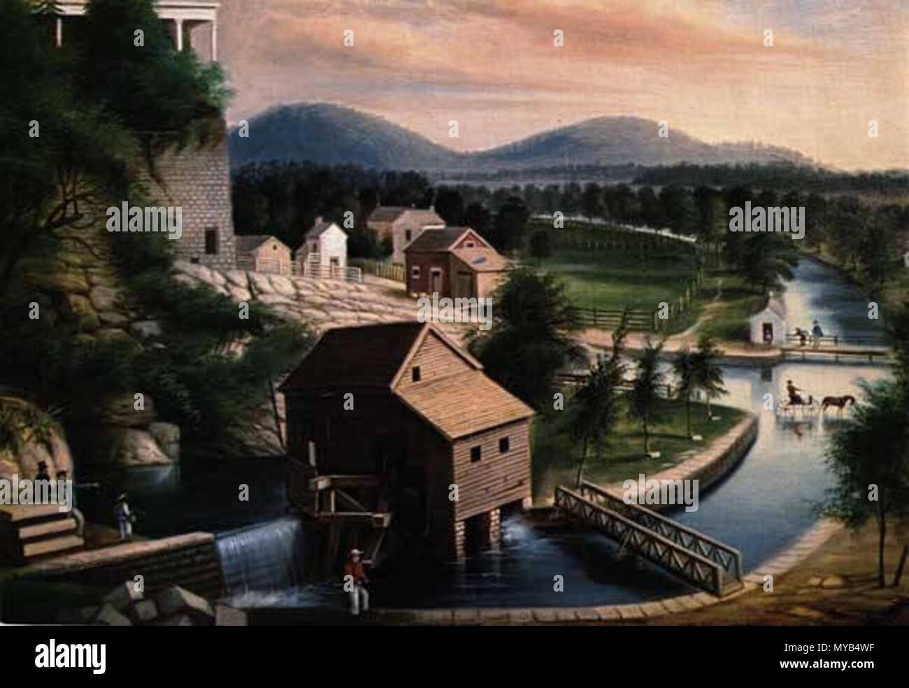 . Ein früher Blick von Huntsville ist in diesem Gemälde von William Frye in den 1850er Jahren mit dem Titel "Die große Feder." Die Malerei bietet die Fearn Canal 1825 erbaute Baumwolle aus den grossen Frühling auf dem Tennessee River zu tragen. Die Aussicht nach Westen umfasst einen Teil der First National Bank sichtbar auf der Bluff an der linken und der Schlitten rider wäre, in Richtung Norden auf, was jetzt die Church Street. William Frye, ein deutscher Einwanderer aus Bayern, war eine beliebte Reisen Portrait Maler im gesamten Süden, nach Anweisung von Huntsville Künstler und Dichter gab, Howard Weeden. 1850. William Frye Stockfoto