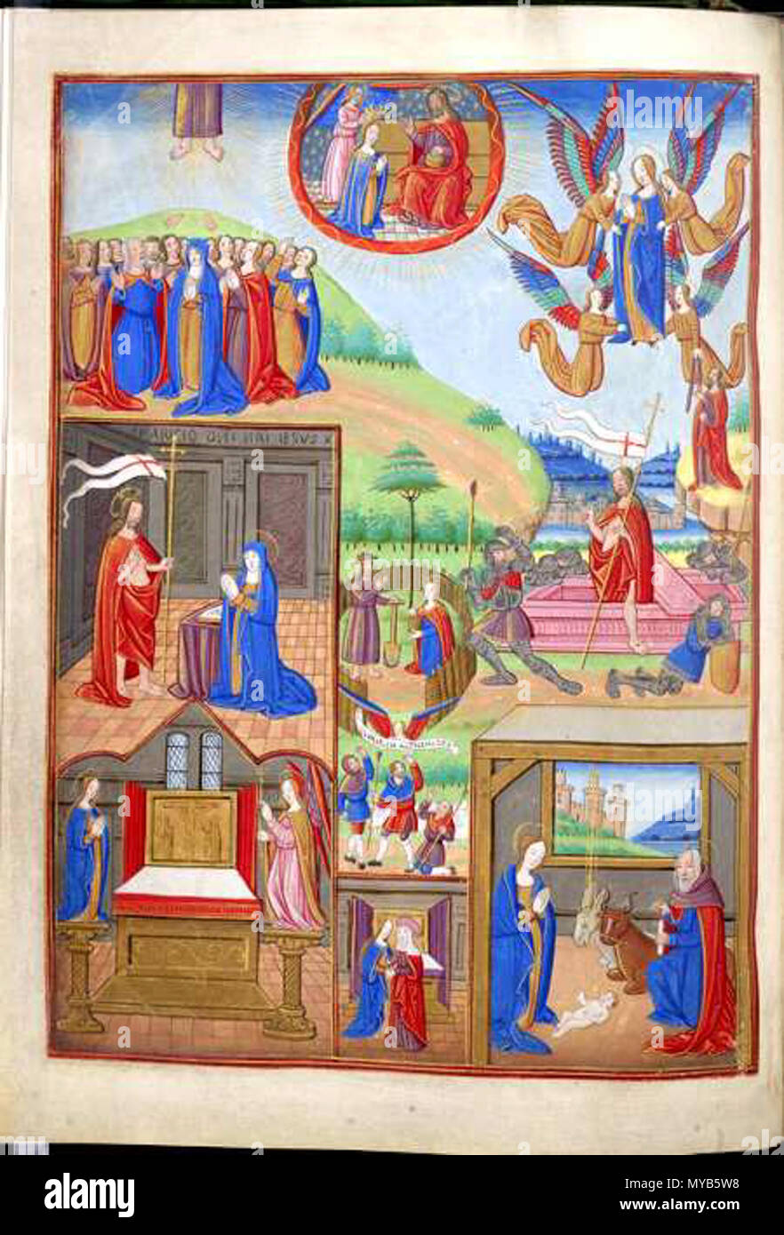 . Folio 53 verso aus einem Buch von Stunden, Szenen aus dem Leben Christi und dem Leben der Jungfrau Maria. Dies ist ein erstaunlich groß und aufwändig beleuchteten Buch der Stunden, Kombination aus französischen und englischen Stil. Das erste Blatt enthält eine Liste von obits Mitglieder der königlichen Familie und des 4., 5., und 6. der Earls von Ormond für sich und ihre Frauen für sich, so dass es wahrscheinlich für Anne Boleyn Großvater gemacht wurde, Thomas Butler (1426-1515), 7th Earl von Ormond, oder ein Mitglied seiner Familie. Es wurde im frühen 16. Jahrhundert zu einer Kapelle an der uthwyke', vermutlich Southwick in Hampshire. Ohne klare Begründung für Th Stockfoto