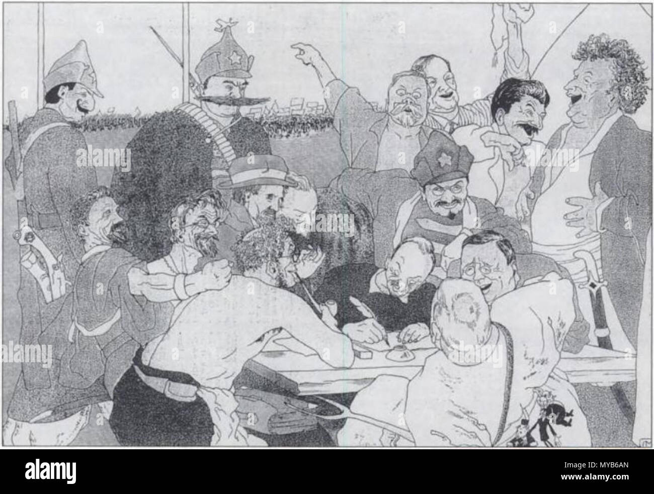 . Deutsch: "Die Bolschewiki Schreiben eine Antwort auf die Engländer Curzon." Budennyi, Rykow, Kamenjew, Kalinin, Radek, Krasin, Bucharin. Lew Kamenjew, Cicerin, Trotzki, Rakovskii, Demian Bednyi, Litvinov, Stalin, Zinoniev." Auf die Antwort der Zaporozhian Kosaken zu Sultan Mahmud IV auf der Grundlage der russischen Realisten Maler Ilja Repin. Die ursprüngliche Gemälde zeigt die jubelnde Ukrainischen Cossocks Verfassen einer beleidigenden Brief an den Sultan des türkischen Reiches. Hier, den fröhlichen bolschewistischen Führer, wie die Kosaken, sind Penning in einem Brief an Lord Curzon. Krasnyj Perets, 1923, Nr. 6, S. 7. . 1923. Unk Stockfoto