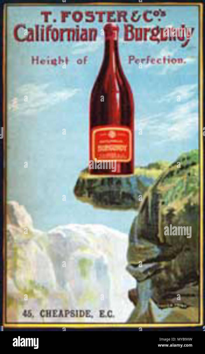 . T Fördern, kalifornische Burgund, Poster 1906 vom London Weinhändler mit einer Flasche am Glacier Point, Yosemite thront. 1906 (Hochgeladen am Nov 7, 2008). [2] 94 Californian-Burgundy Stockfoto