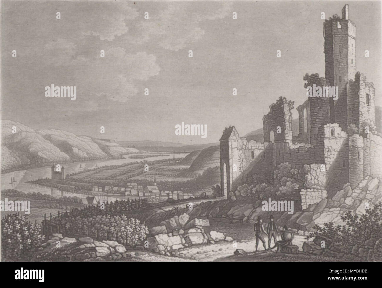 . [Rhein-Ansichten]: [das Rheintal von Mainz bis Köln; im malerischen Ansichten, besonders der Ritterburgen]/[nach der Natur gezeichnet von J.A.Lasinsky. In Aquatinta Geäzt von R. Bodmer]. [Koblenz]: [Bädeker], [1834]. 1834. Johann Adolf von lasinsky 90 Burg Lahneck Stockfoto