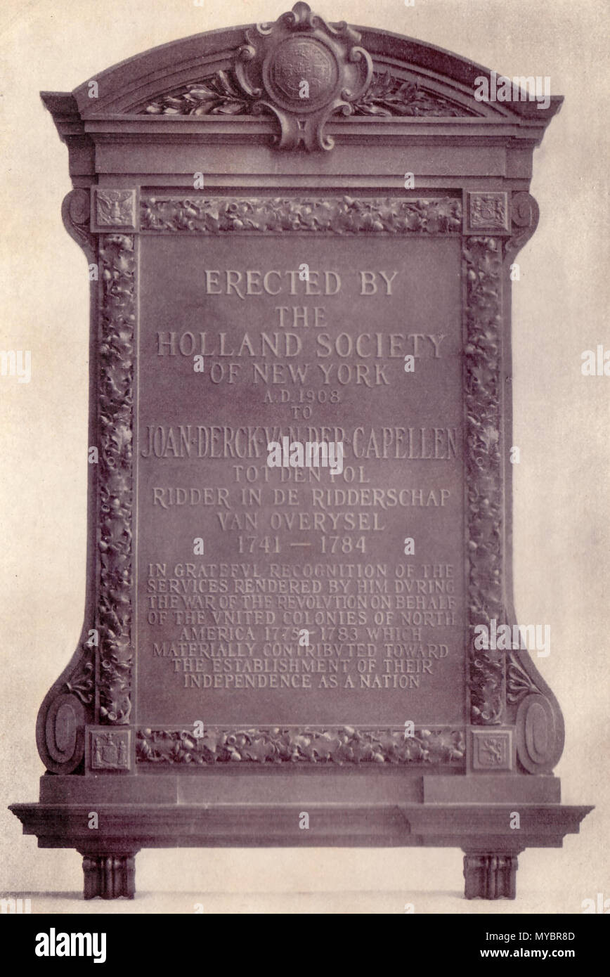 . Bronze Tablet errichtet in Zwolle, 6. Juni 1908 von der Holland Gesellschaft von New York, Gedenkmünzen der erbrachten Dienstleistungen in die Vereinigten Kolonien in Nordamerika in der Revolution gegen Großbritannien von Baron Joan Derck van der Capellen Tot den Pol, der Overysel, Niederlande. 1909. Das Holland Gesellschaft von New York 96 Capellen Tablet Stockfoto