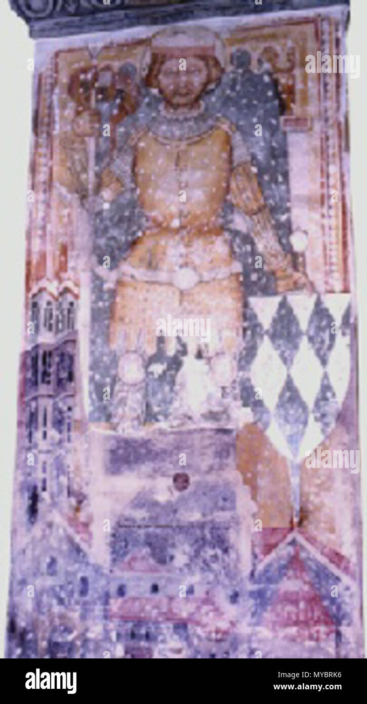 . Englisch: Domitian von Kärnten auf einem Fresko von 1429 in der Kirche der Benediktinerabtei Abtei Millstatt Bezirk Spittal an der Drau in Kärnten/Österreich/EU. English: Domitian von Kärnten in einer Wandmalerei aus dem Jahre 1429 in der Kirche "Kirche St. Salvator und Allerheiligen' im Stift Millstatt in Millstatt/Kärnten/Österreich. 06.01.2006. Popie 97 Kärnten Millstatt Dometian Fresco 1429 Stockfoto