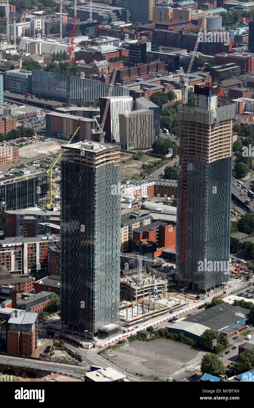 Luftaufnahme von 2 neue Türme auf große Jackson Street, Manchester, Juni 2018 Stockfoto