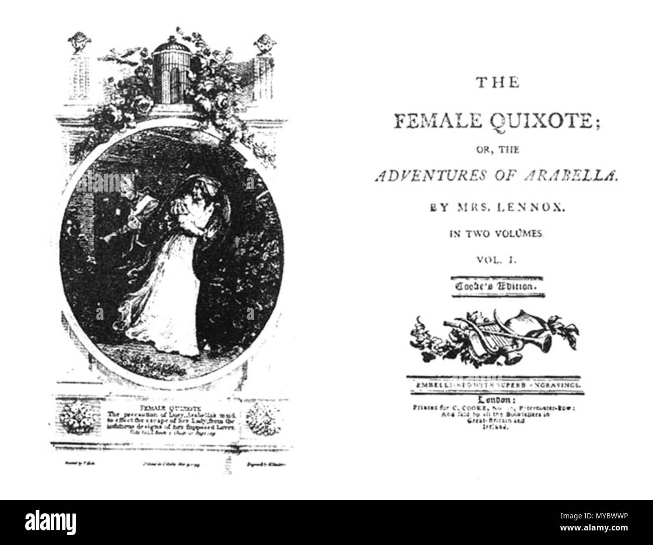 . Erste Platte und Titel aus dem Roman Die weibliche Quichotte, Köche, Edition, von Charlotte Lennox, (1730 - 1804). Jahrhundert, erste Auflage 1752. Charlotte Lennox 107 Charlotte Lennox Die weibliche Quichotte Köche Edition Stockfoto