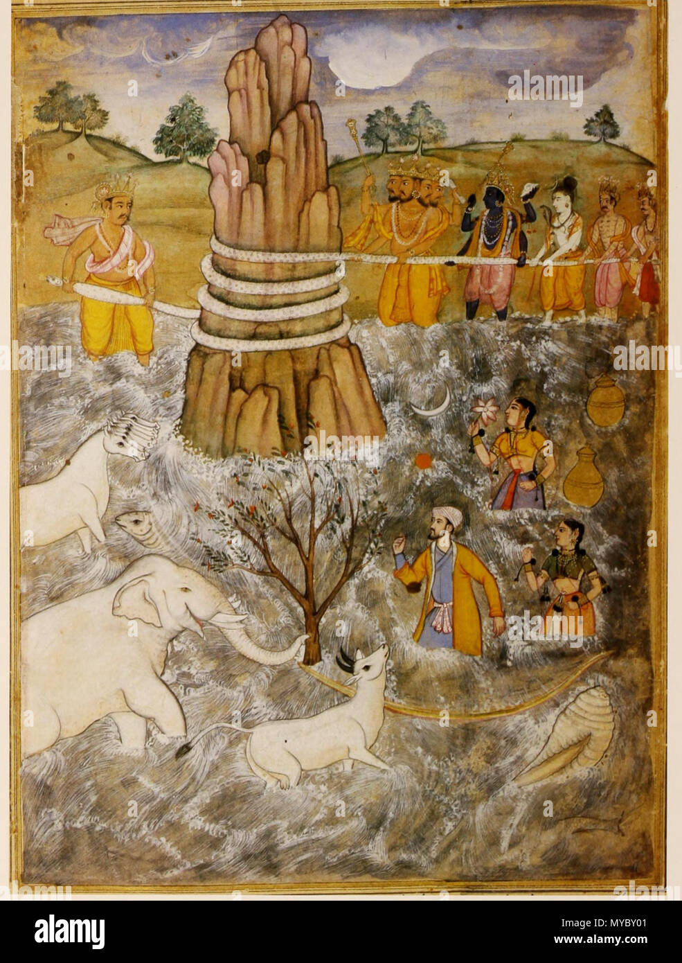. Die Götter und Asuras Churn, auf den Ozean der Milch, Seite von einer verteilten Razmnama, c. 1598-99. Razmnama ist eine gekürzte Übersetzung des Mahabharata in der Persischen auf Geheiß der Großmogul Akbar geschrieben und Termine um 1598 - 99. Das ursprüngliche Buch ist nicht mehr verfügbar, da die Seiten von der ursprünglichen Razmnama sind auf der ganzen Welt verstreut. ca. 1598-99 (16. Fattu (16. Jahrhundert) (Attr.) 112 Churning des Ozeans - manthan Stockfoto