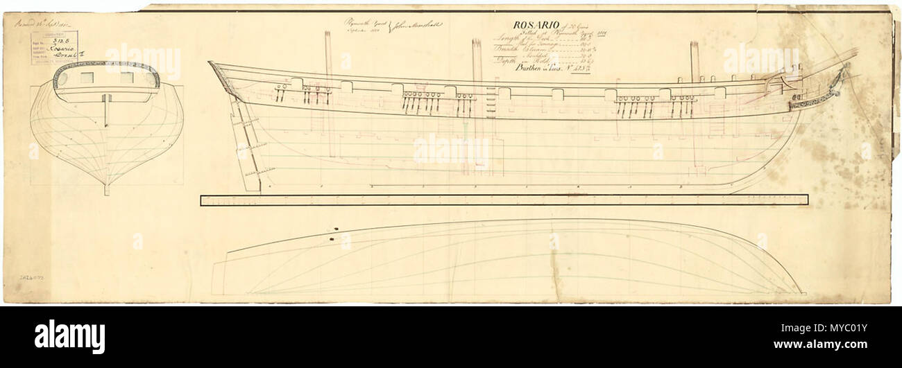 . Englisch: Maßstab: 1:48. Plan, den Körper mit Stern Platinenumrandung und einige Dekoration, transparente Linien mit Innenbordmotoren detail und Galionsfigur, Längs- und halbe Breite für Rosario (aufgenommen 1800), ein französischer Freibeuter, wie als 18-gun Ship Sloop. Tinte Tinte Schwarz; Grün; Grau; colorwash rote Tinte; Papier ausgestattet. Blatt: 371 mm x 1101 mm. 1800. John Marshall [Master Shipwright, Plymouth Dockyard, 1795-1801] 243 HMS Rosario (1800) Plan Stockfoto