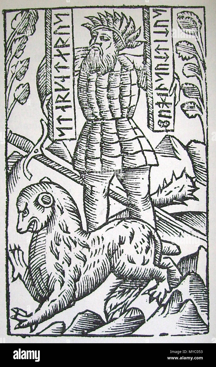 288 Jätten Starkad. Olaus Magnus Stockfoto