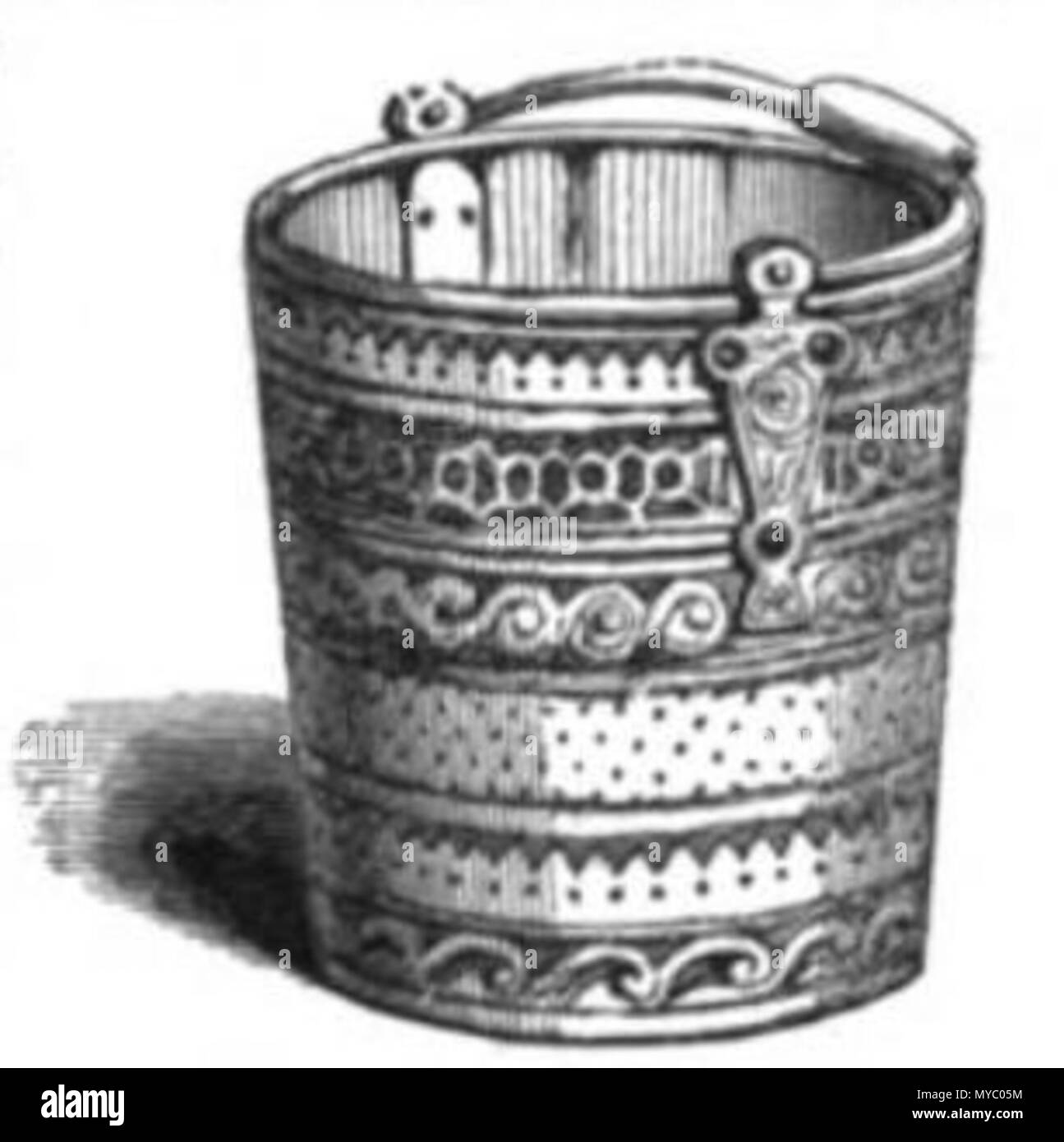 . 8. oder 9. Jahrhundert kleine Holz- Korb der Clonard, geschnitzt aus yawl Holz; wurde 1839 in der kinnegad Fluss gefunden bei Clonard. Diese Zeichnung wurde von William Robert W. Wilde in seinem Buch Die Schönheiten des Boyne veröffentlicht, und sein Nebenfluss, der Blackwater, 1849 in Dublin, Seite 67. 1849. William Robert W. Wilde (siehe oben), durch AFBorchert 115 Clonard Warenkorb William Wilde 1849 hochgeladen Stockfoto