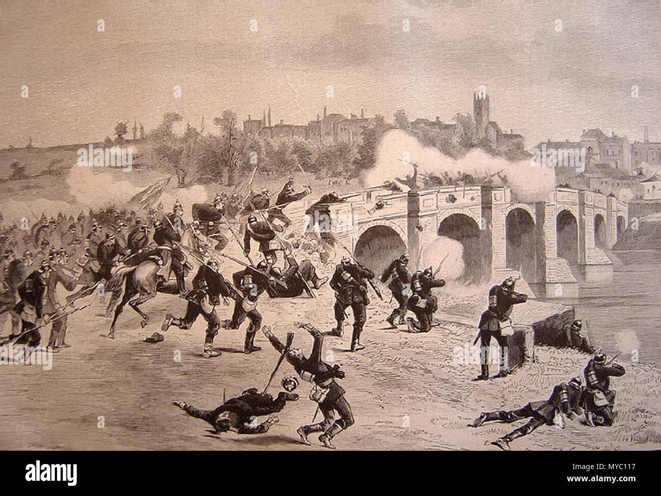 . Français: Défense du Pont sur l'Ognon à Cussey le 22 octobre 1870. 1873. Unbekannt 120 Bekämpfung sur l'Ognon Durant la guerre franco-prussienne Stockfoto