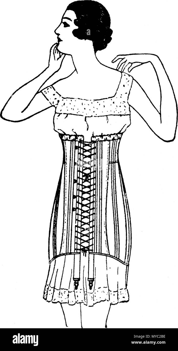 . Englisch: W-T 765 Weiß. Eine gute Spitze vorne Modell. Mittlere Büste, lange über Hüften und zurück. Von einem feinen Qualität Sterling Tuch mit eingefügt zurück Abschnitt von Lüftungs- Material. Flexibel Nicht rustable Kabel entbeinen. Stattliche importiert Seidenstickerei trimmen. Beste Qualität Große feste web Gummiknopf Schlauch Anhänger angebracht vorne und seitlich. Größen 19 bis 30. Dutzend, $ 19.50. 1922. Anonym 124 Korsett W-T 765 Weiß Stockfoto