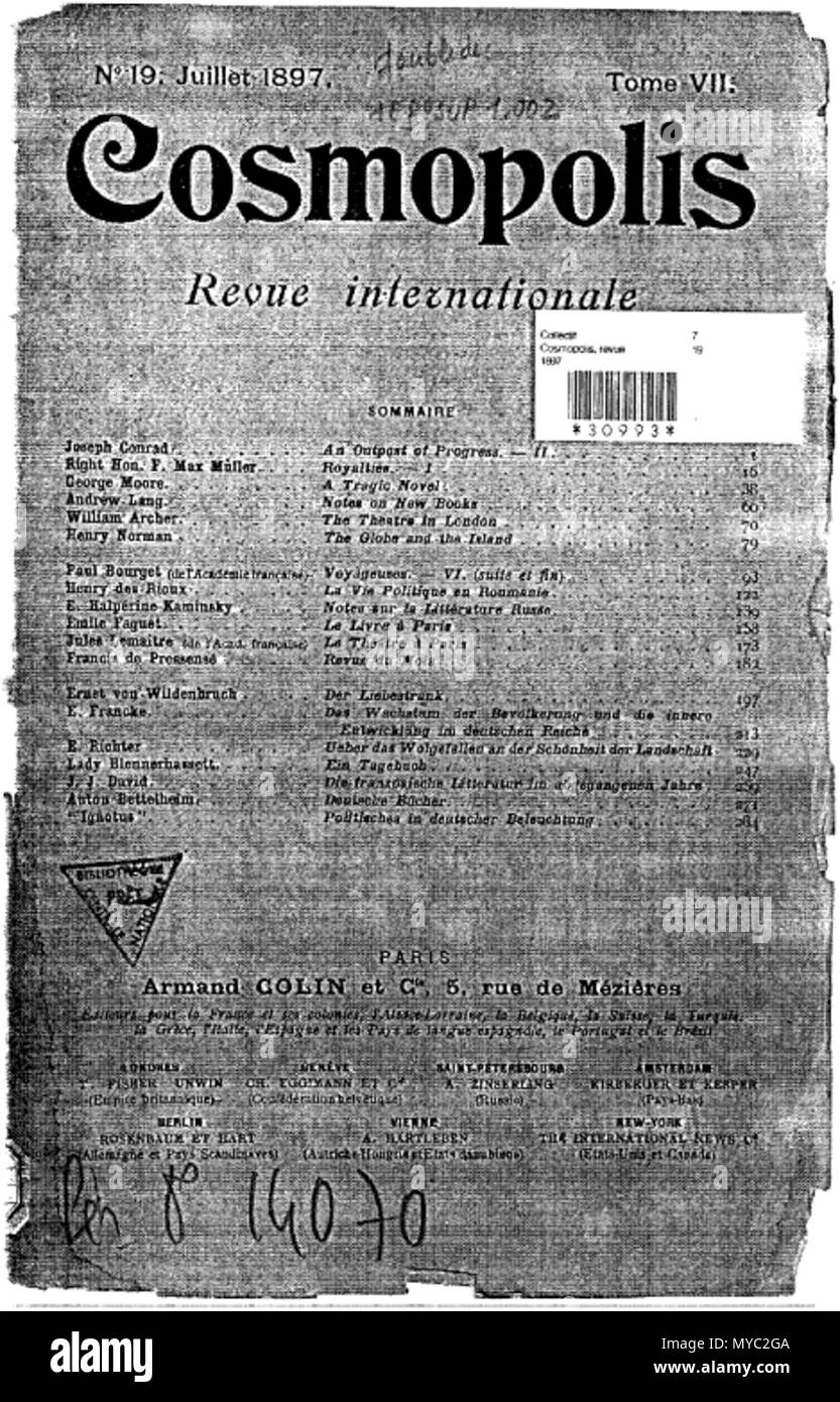 . Français: Couverture de la Revue Cosmopolis de juillet 1897. Vom 9. Oktober 2013, 18:54:08. Unbekannt 124 Cosmopolis (Revue) Stockfoto